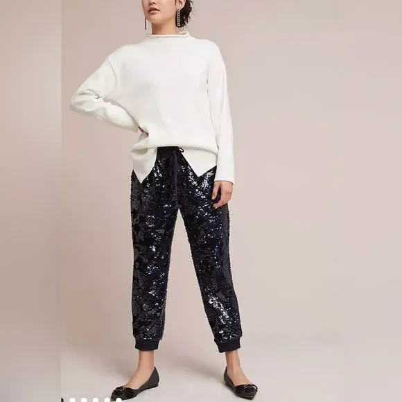 Anthropologie ett:twa Sequin Velvet Joggers Holiday Sparkle navy blue Medium M - Picture 1 of 16